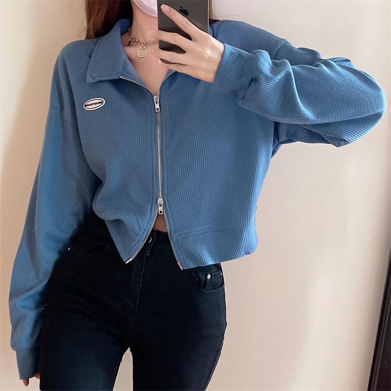 2026 Korean Style Double Zip Long Sleeve Polo Collar Short Loose Fit Top for Petite Women - Style 3eb6cf