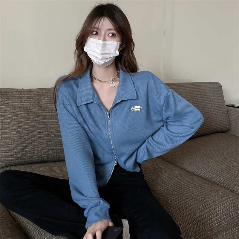 2026 Korean Style Double Zip Long Sleeve Polo Collar Short Loose Fit Top for Petite Women - Style 3eb6cf - Image 3