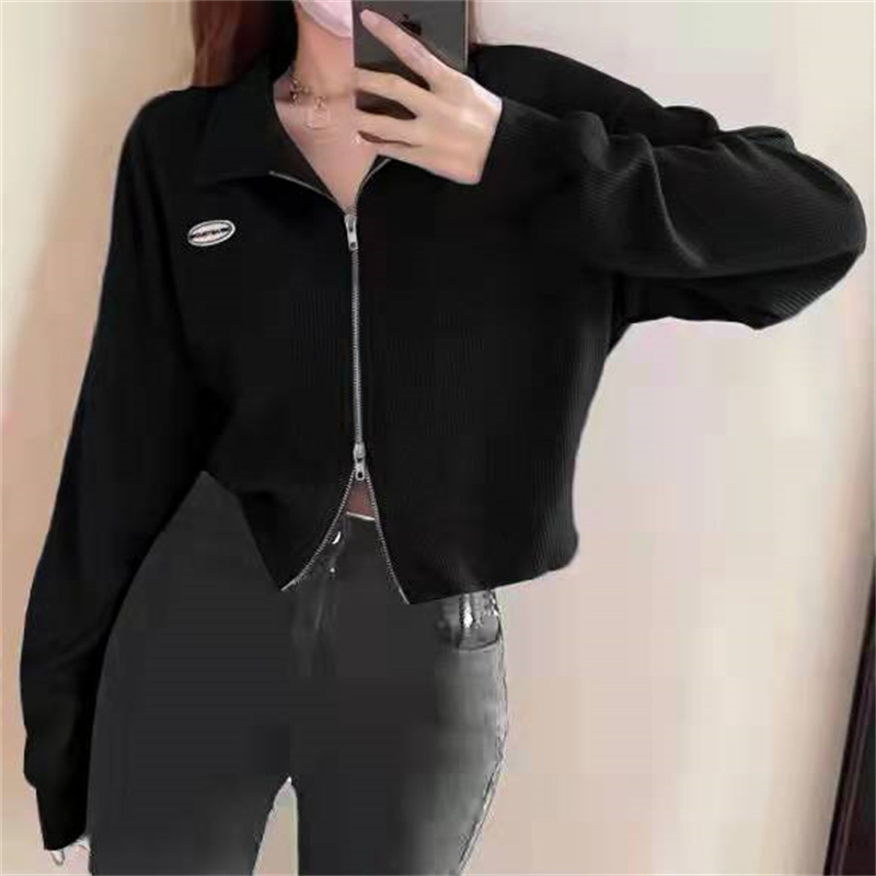 2026 Korean Style Double Zip Long Sleeve Polo Collar Short Loose Fit Top for Petite Women - Style 3eb6cf - Image 4