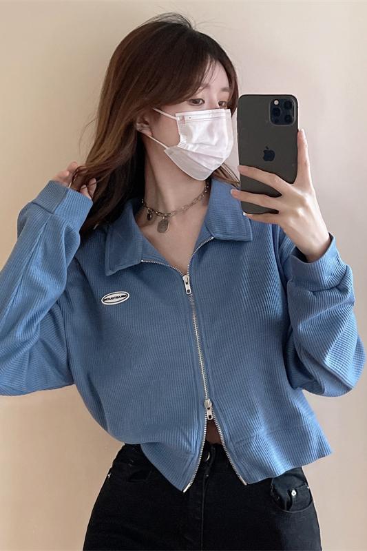 2026 Korean Style Double Zip Long Sleeve Polo Collar Short Loose Fit Top for Petite Women - Style 3eb6cf - Image 5