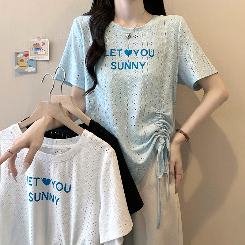 2026 Summer Plus Size Women's Korean Style Print Letter Cutout Irregular Short Sleeve T-Shirt