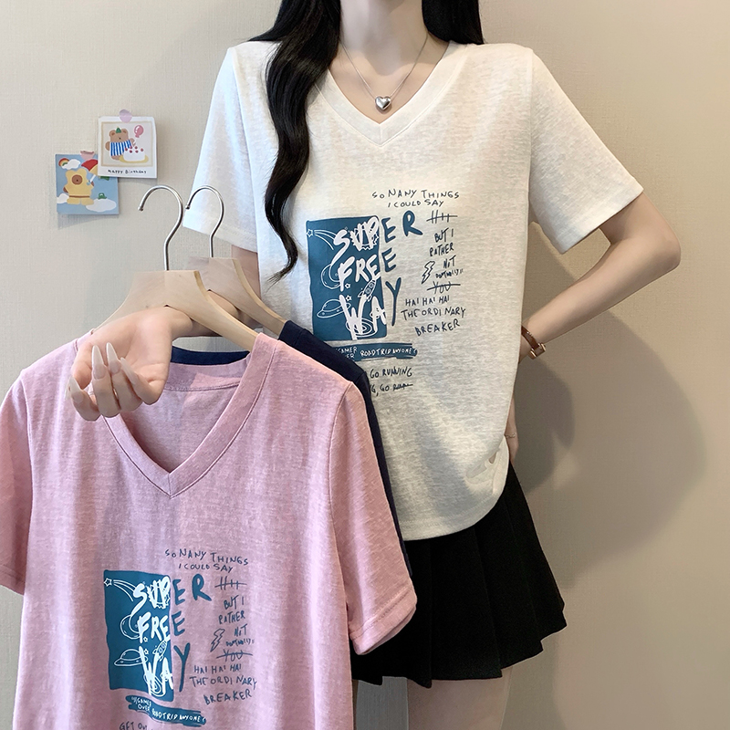 2026 Summer Plus Size Women's V-Neck Printed Short Sleeve T-Shirt
