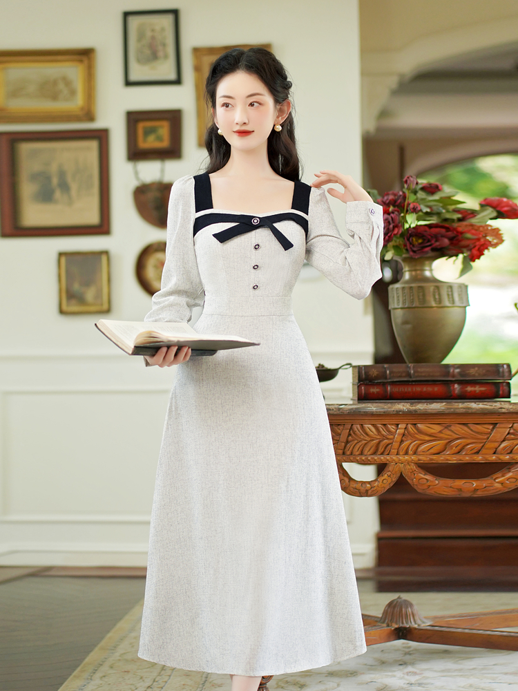 French Style Bow A-Line Long Sleeve Dress - Style 74f100