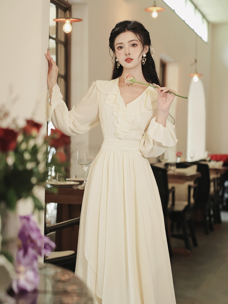French Style V-Neck Cinched Waist Pleated Long Dress - Style 3fa6ba