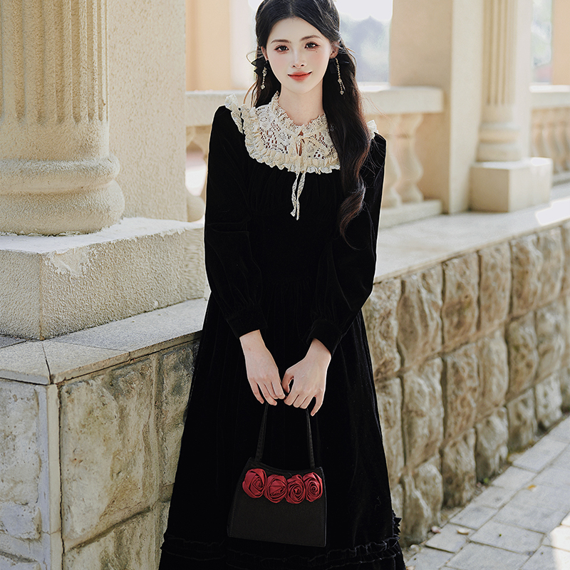 French Vintage Black Velvet Midi Dress