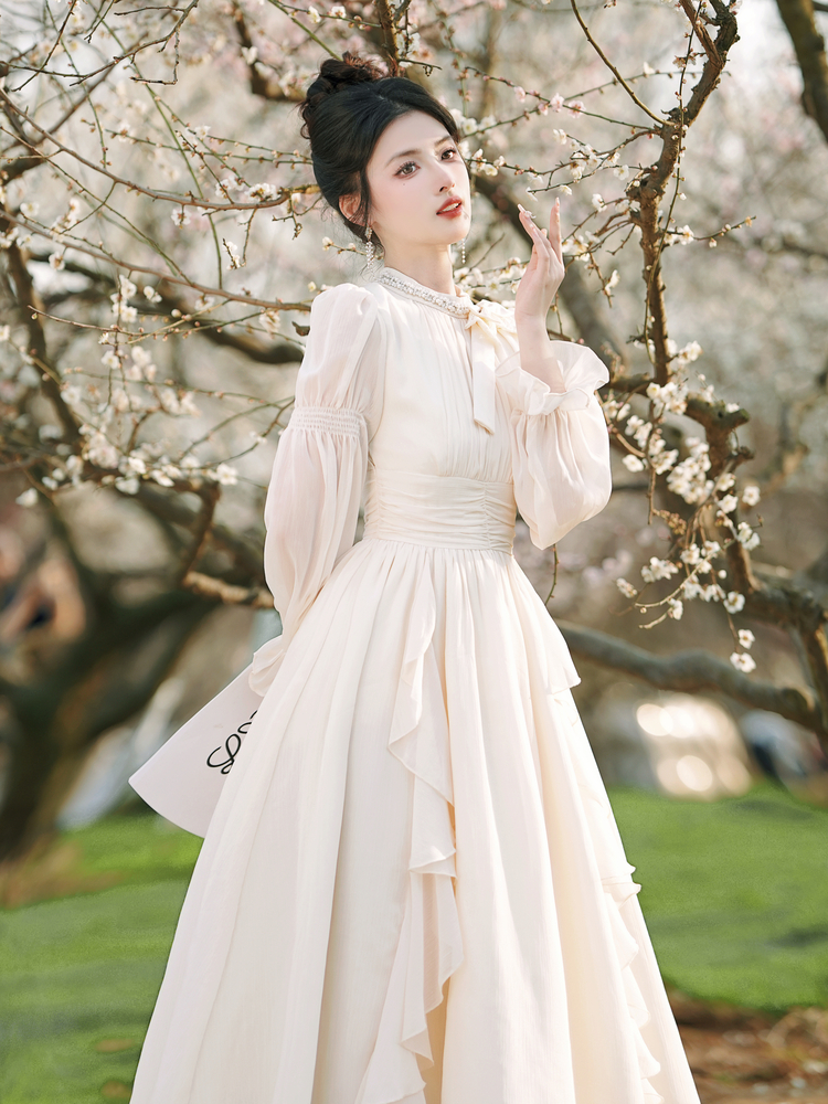 Gentle Style Bow Round Neck Cinched Waist Chiffon Ruffle Fairy Dress - Style 72e678