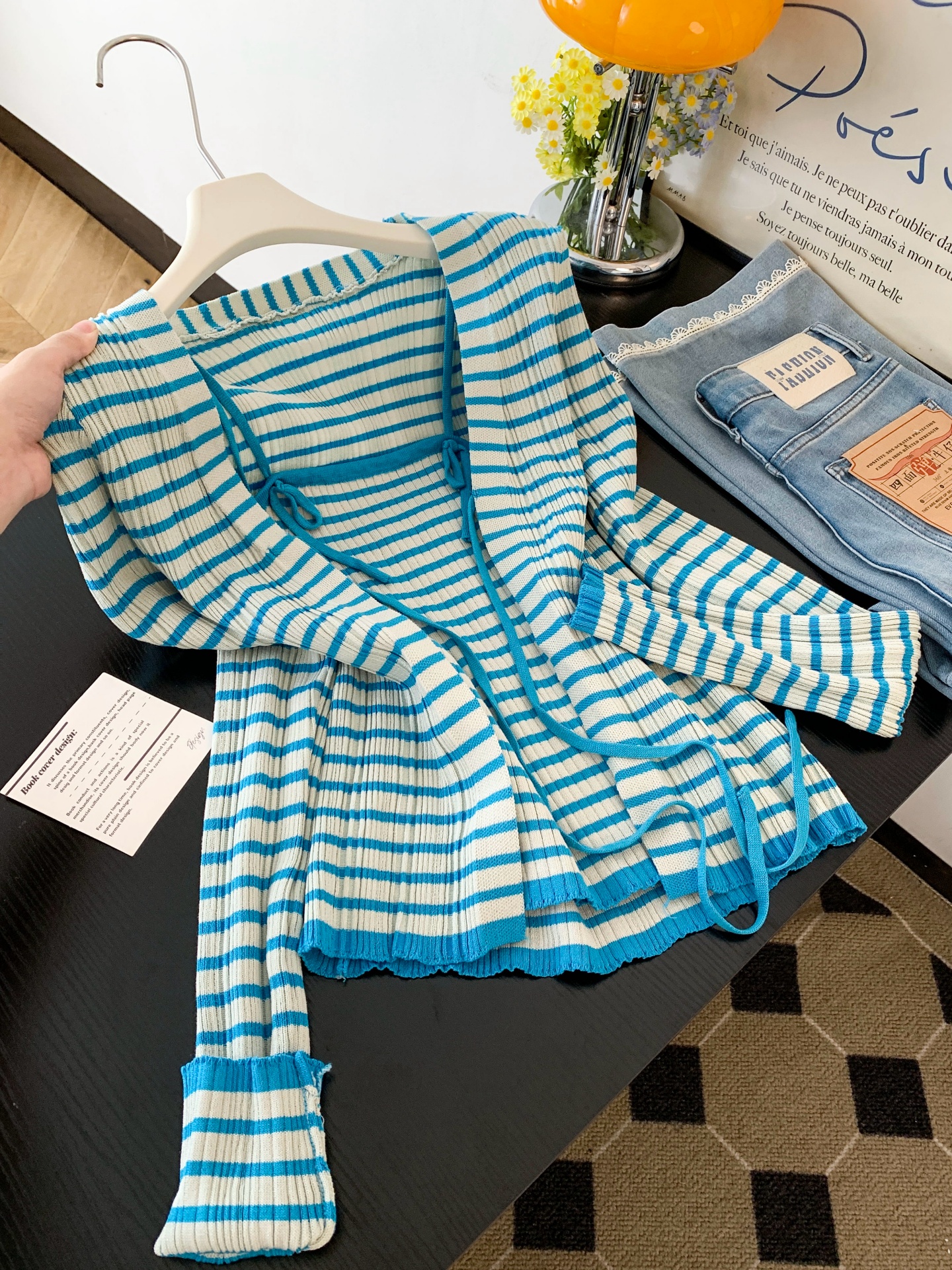 Korean Style Blue Knit Cardigan and Striped Tube Top Two-Piece Set for Women Summer