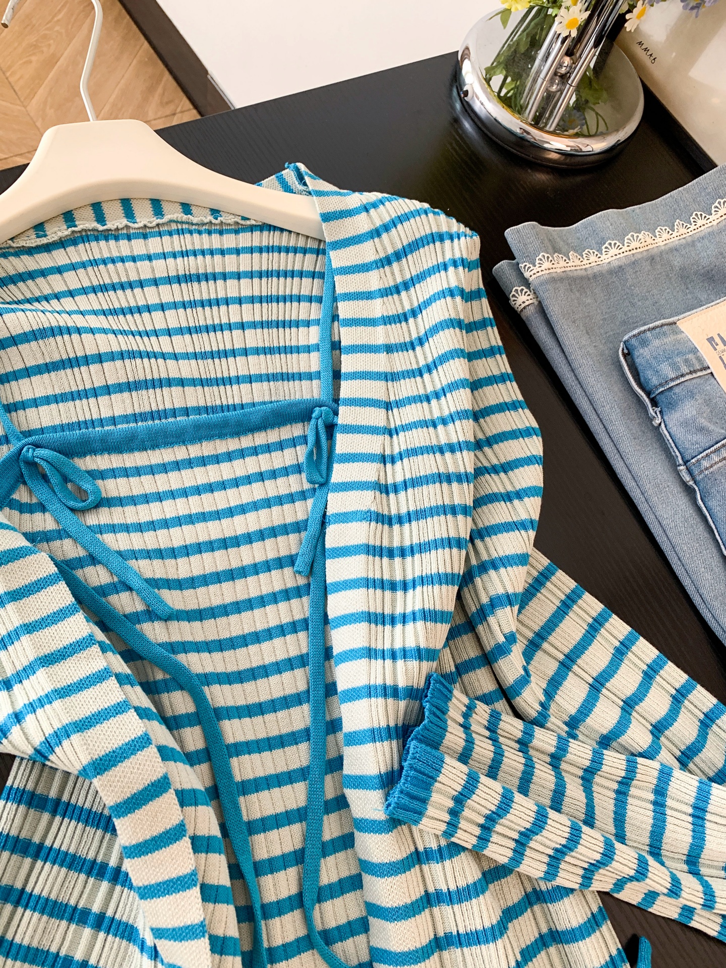 korean-style-blue-knit-cardigan-and-striped-tube-top-two-piece-set-for-women-summer_1