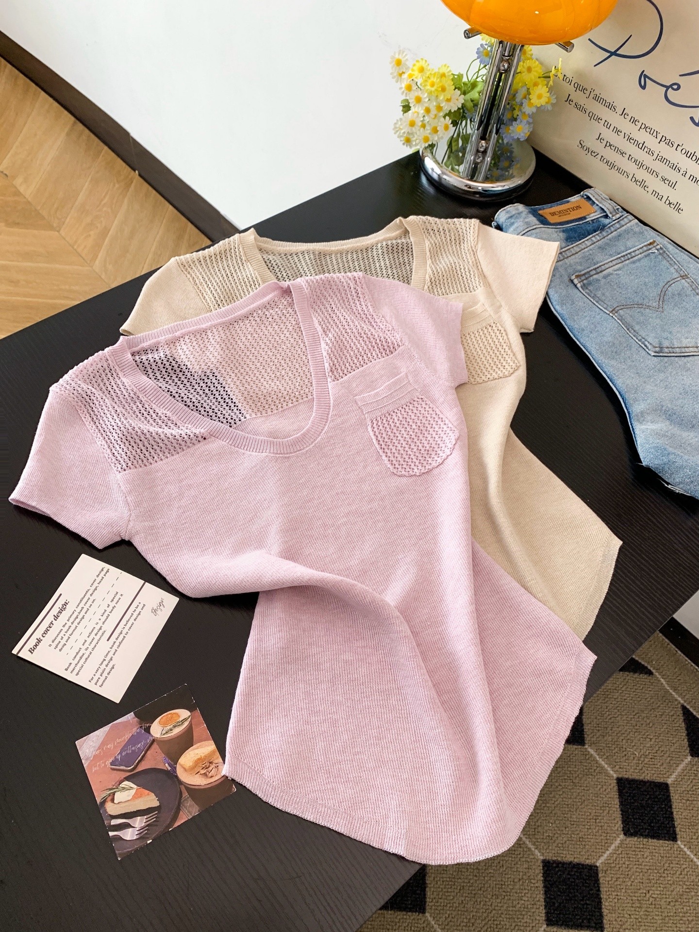 Korean V-Neck Slim Fit Short Sleeve Knit Top for Women Summer Sheer Chest-Flattering T-Shirt