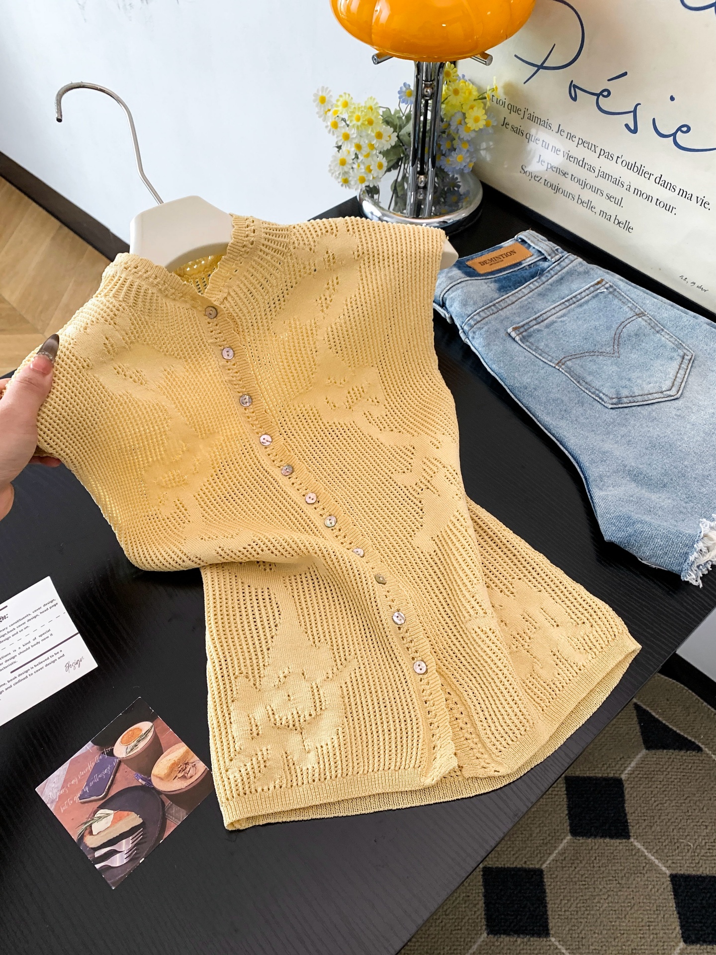 Korean Wave Collar Openwork Knit Vest with Colorful Shell Buttons