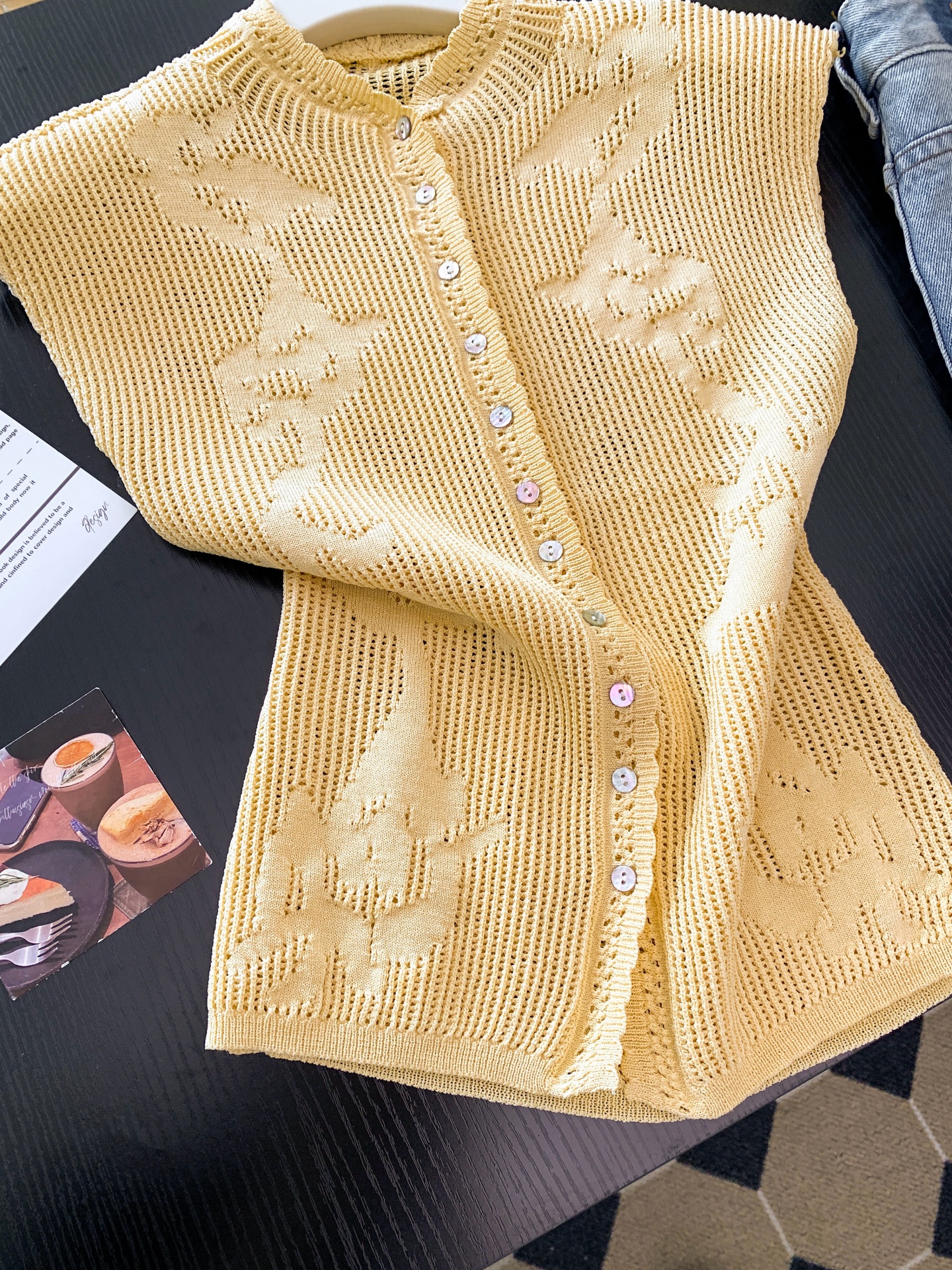 Korean Wave Collar Openwork Knit Vest with Colorful Shell Buttons - Image 3