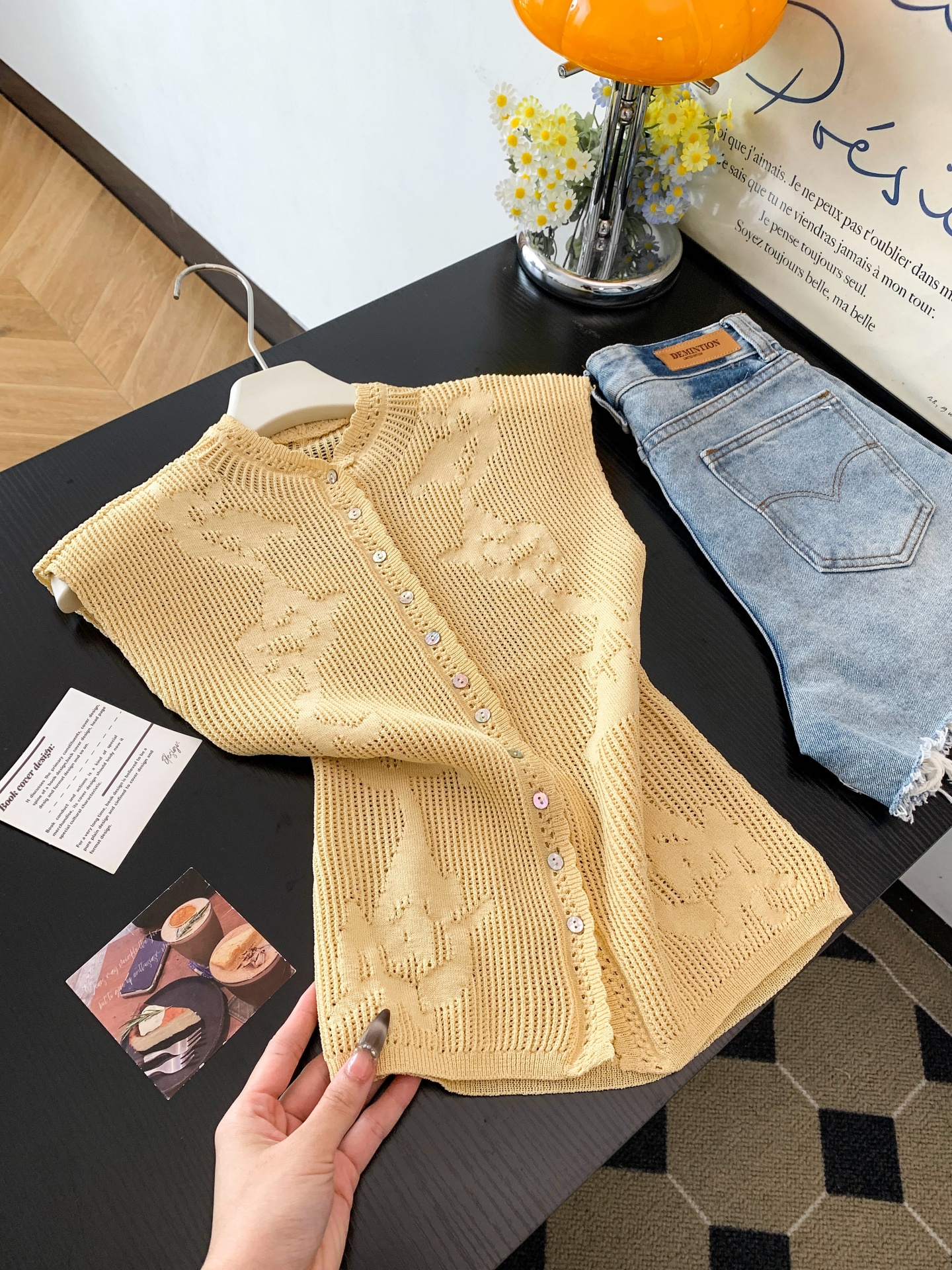 Korean Wave Collar Openwork Knit Vest with Colorful Shell Buttons - Image 4