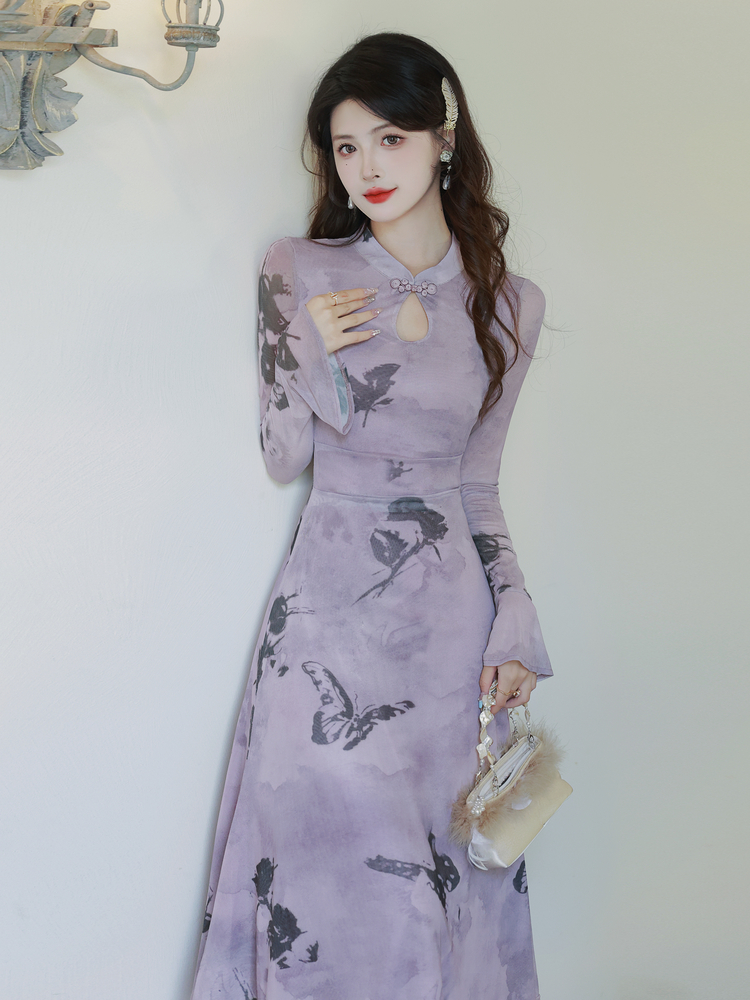 New Chinese Style Modified Qipao Dress with Butterfly Print and Bow