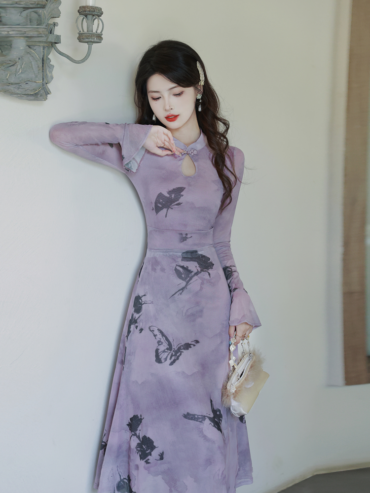 New Chinese Style Modified Qipao Dress with Butterfly Print and Bow - Image 3