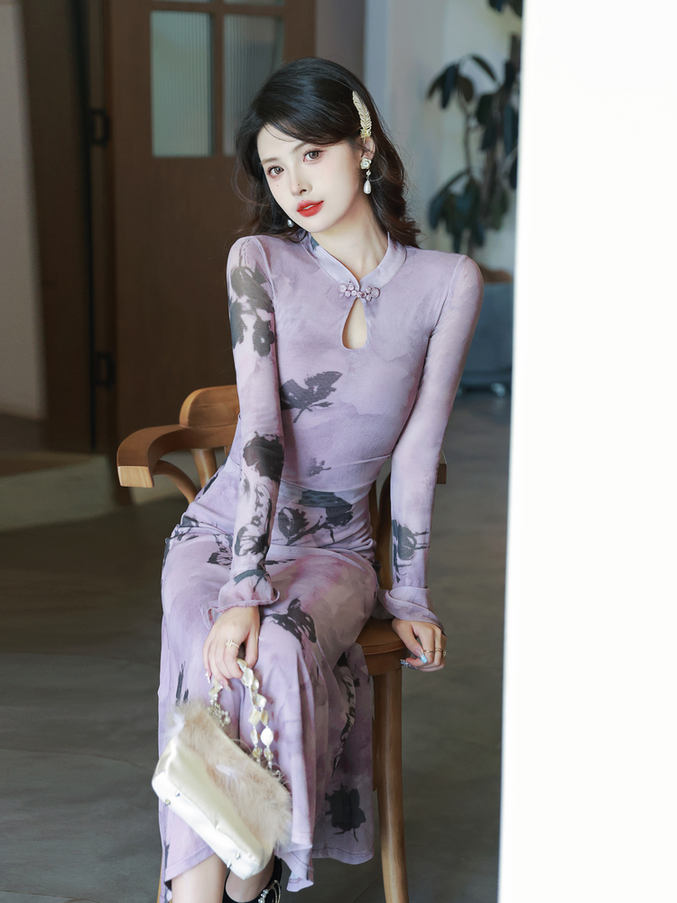 New Chinese Style Modified Qipao Dress with Butterfly Print and Bow - Image 4