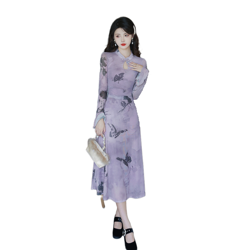 New Chinese Style Modified Qipao Dress with Butterfly Print and Bow - Image 5
