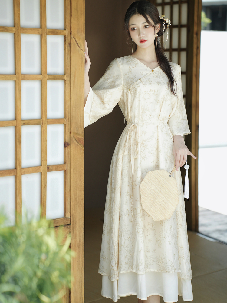 New Chinese Style Retro Qipao Dress Spring Mid-Length V-Neck Nine-Sleeve