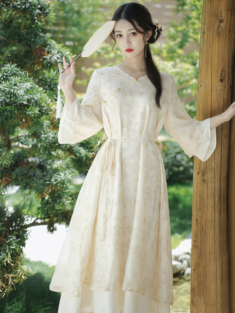 New Chinese Style Retro Qipao Dress Spring Mid-Length V-Neck Nine-Sleeve - Image 3