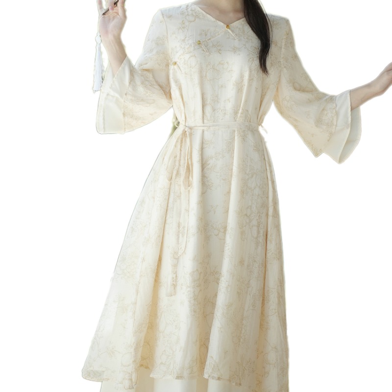 New Chinese Style Retro Qipao Dress Spring Mid-Length V-Neck Nine-Sleeve - Image 5