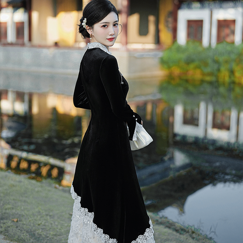 New Chinese Style Velvet Dress Lace Panel Faux Two Piece Qipao - Image 4