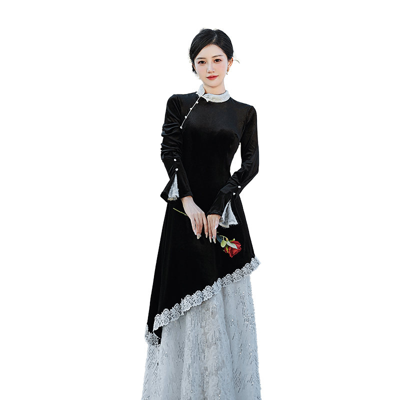 New Chinese Style Velvet Dress Lace Panel Faux Two Piece Qipao - Image 5