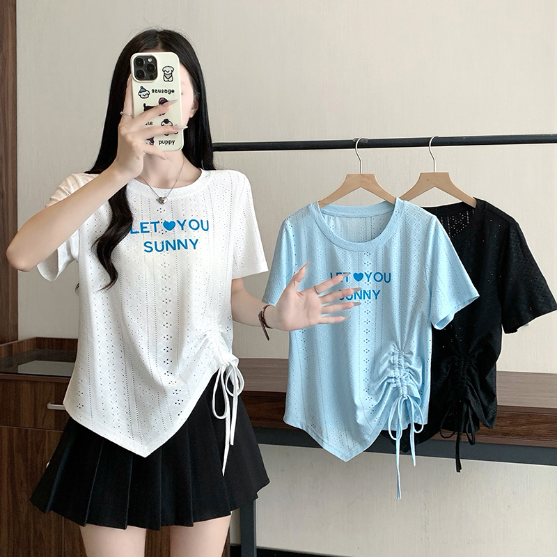 Plus Size Korean Print Letter Cutout Irregular Short Sleeve T-Shirt Summer 2026