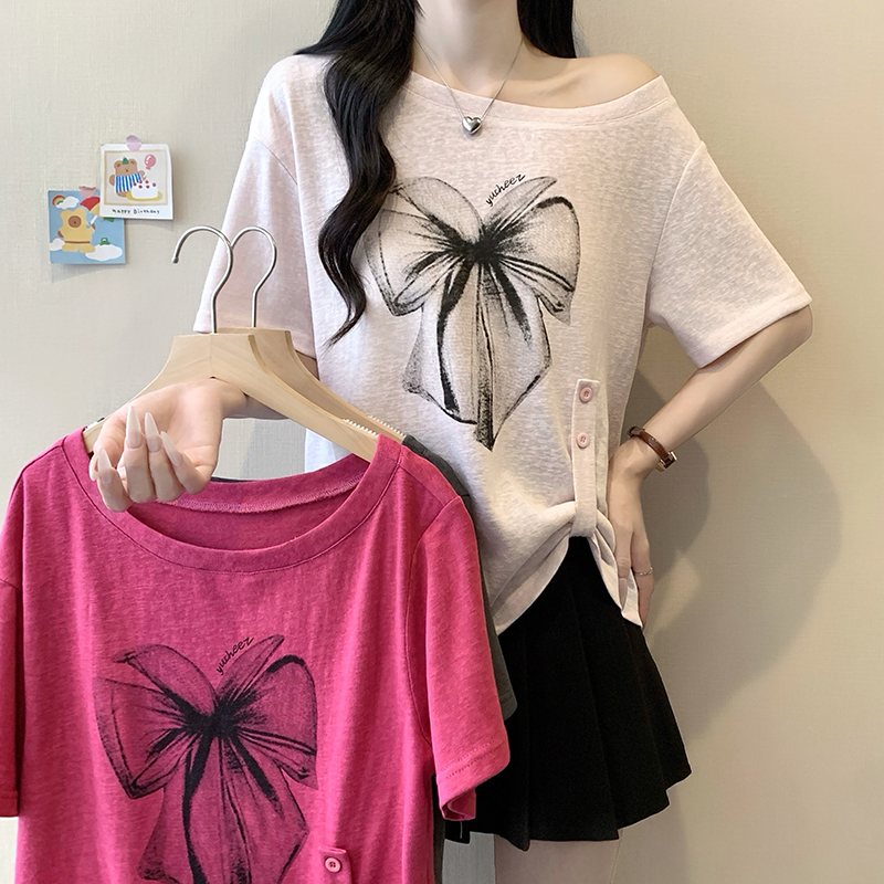 Plus Size Korean Print Off-Shoulder Bow Short Sleeve T-Shirt Summer 2026