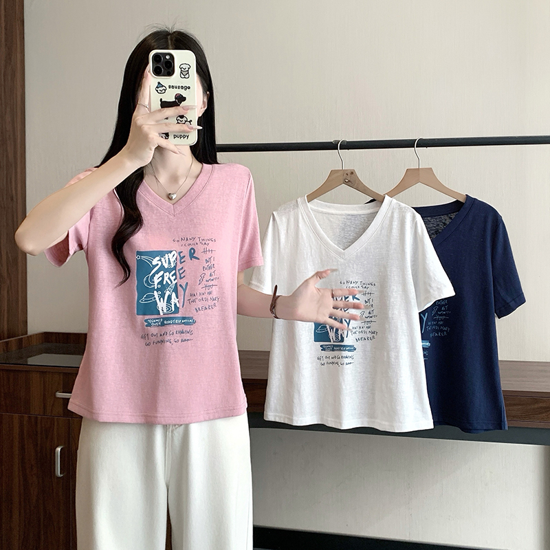 Plus Size Summer 2026 V-Neck Printed Loose Short Sleeve T-Shirt