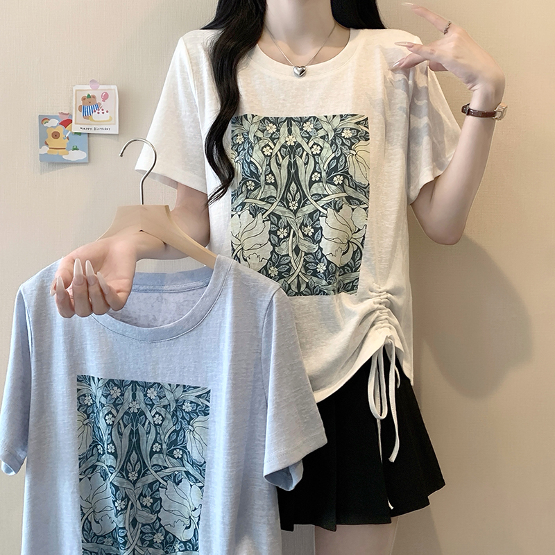 Plus Size Women's Summer 2026 Printed Drawstring Short Sleeve T-Shirt