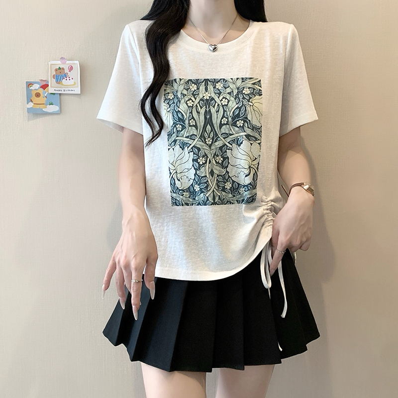 Plus Size Women's Summer 2026 Printed Drawstring Short Sleeve T-Shirt - Image 3