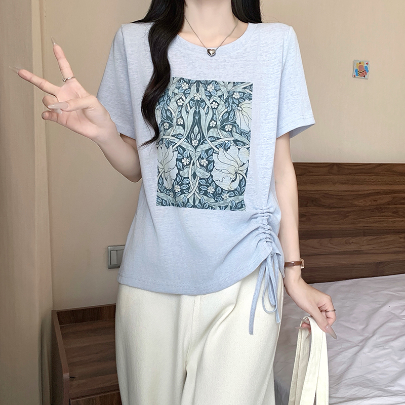 Plus Size Women's Summer 2026 Printed Drawstring Short Sleeve T-Shirt - Image 4