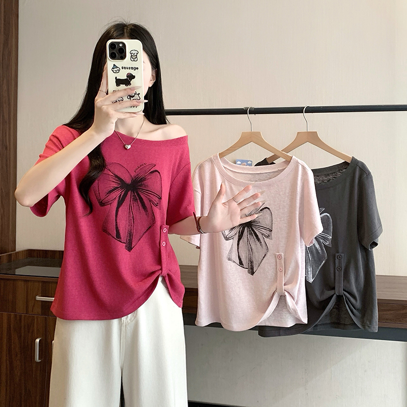 Plus Size Women's Summer 2026 Printed Off-Shoulder Bow Short-Sleeve T-Shirt