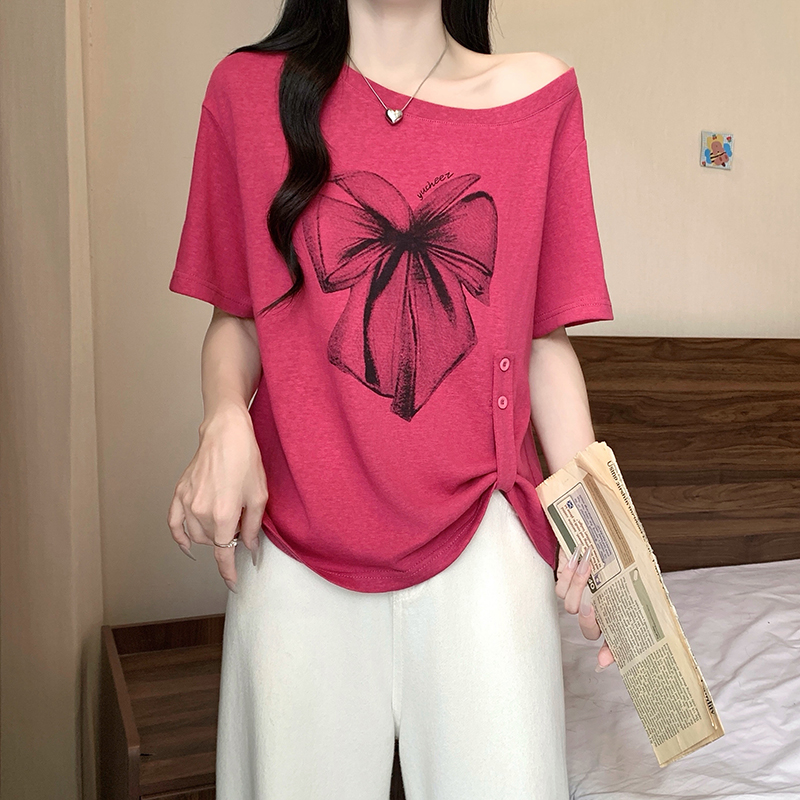 Plus Size Women's Summer 2026 Printed Off-Shoulder Bow Short-Sleeve T-Shirt - Image 4
