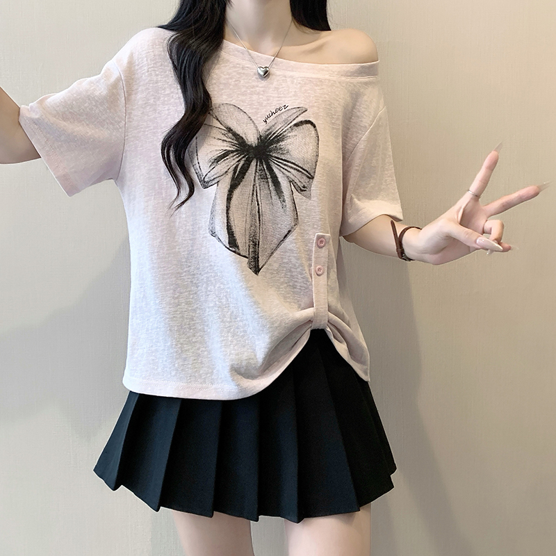 Plus Size Women's Summer 2026 Printed Off-Shoulder Bow Short-Sleeve T-Shirt - Image 5