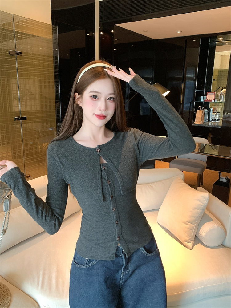 Pure Allure Shawl Fake Two-Piece Long Sleeve Slimming Top for Women Spring 2026