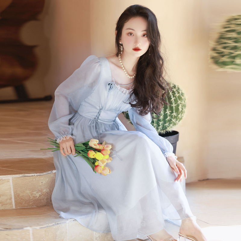 Sweet A-Line Long Sleeve Chiffon Dress with High Waist and Tie - Style 72e4dc