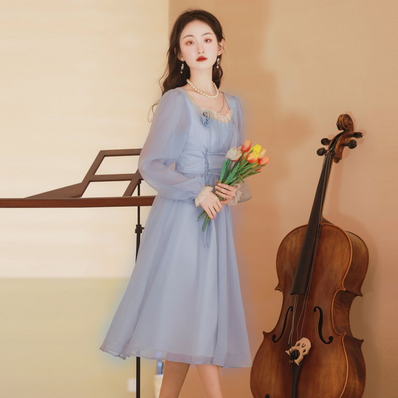 Sweet A-Line Long Sleeve Chiffon Dress with High Waist and Tie - Style 72e4dc - Image 3