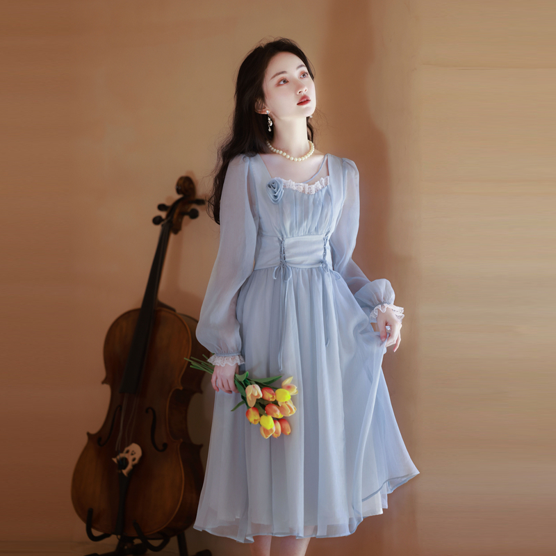 Sweet A-Line Long Sleeve Chiffon Dress with High Waist and Tie - Style 72e4dc - Image 4