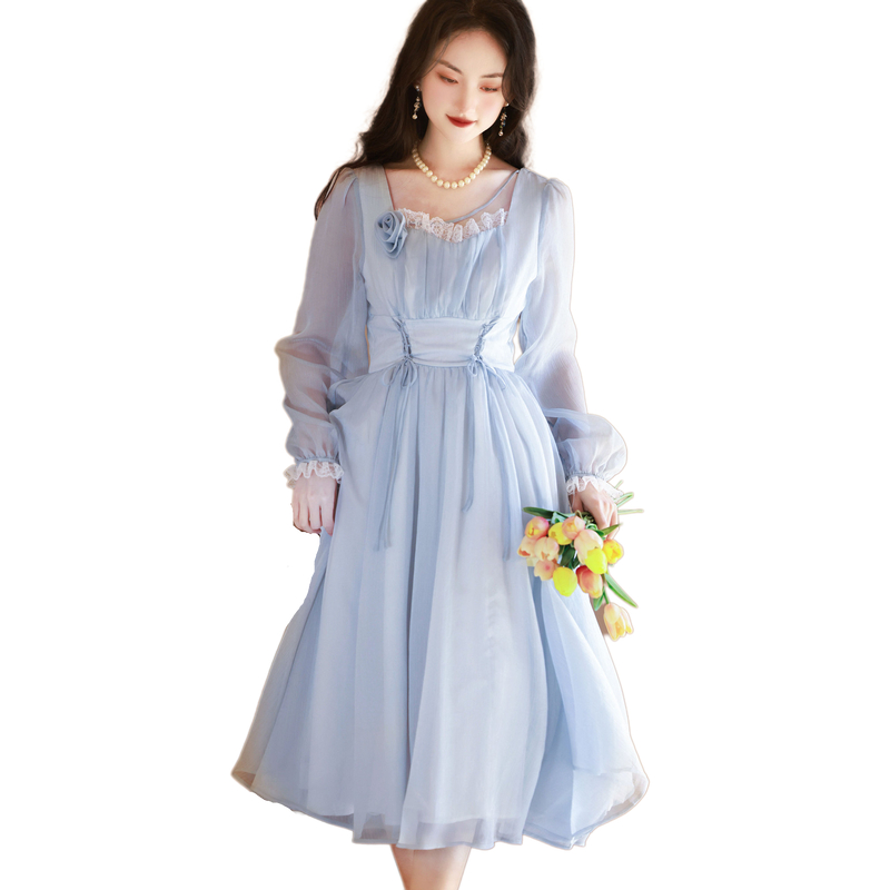 Sweet A-Line Long Sleeve Chiffon Dress with High Waist and Tie - Style 72e4dc - Image 5