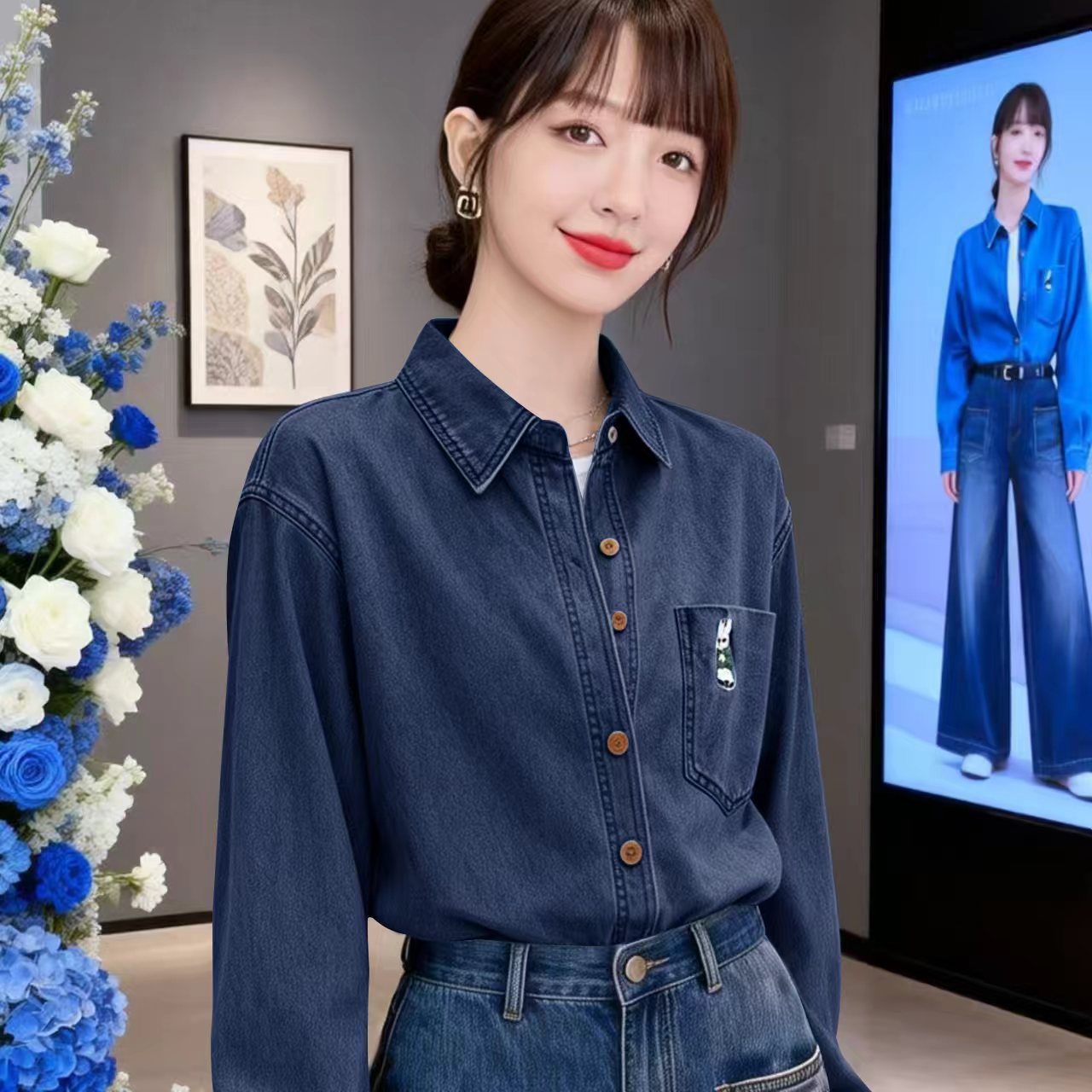 Vintage Embroidered Dark Blue Denim Shirt Spring Casual Commuter Versatile Shirt Jacket