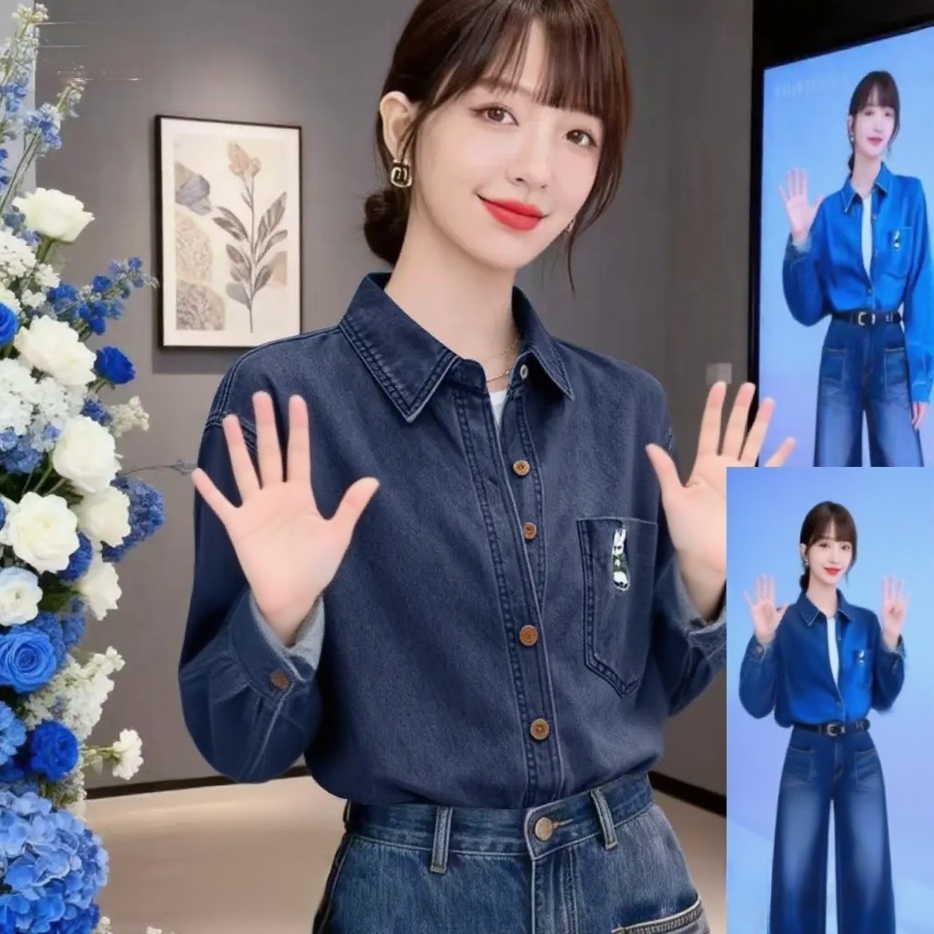 Vintage Embroidered Dark Blue Denim Shirt Spring Casual Commuter Versatile Shirt Jacket - Image 3