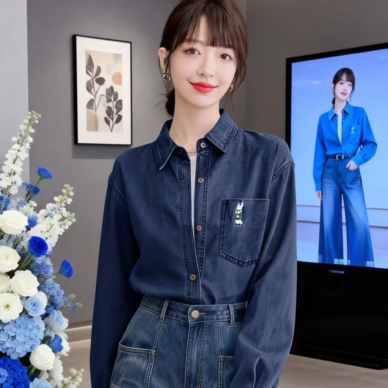 Vintage Embroidered Dark Blue Denim Shirt Spring Casual Commuter Versatile Shirt Jacket - Image 4