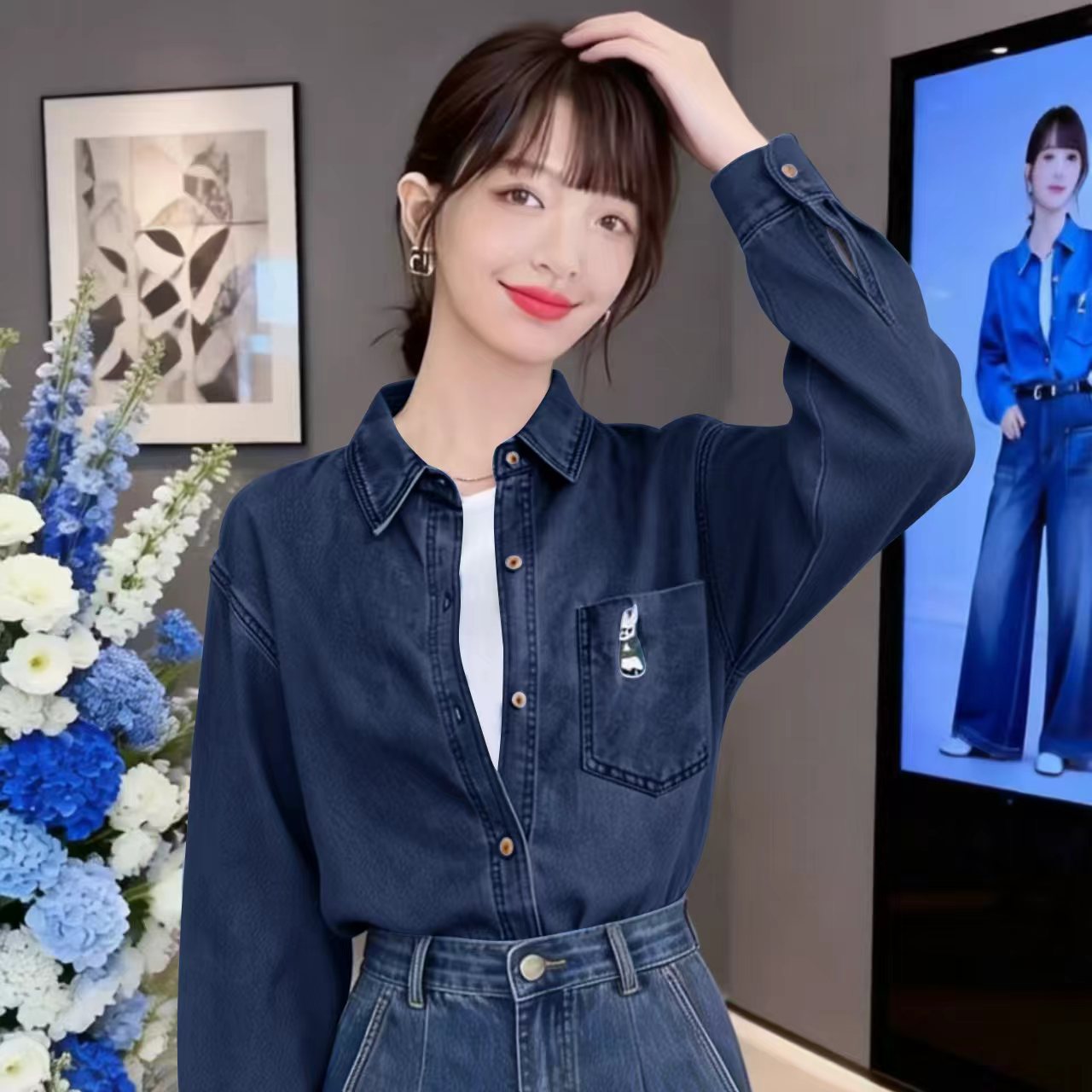 Vintage Embroidered Dark Blue Denim Shirt Spring Casual Commuter Versatile Shirt Jacket - Image 5
