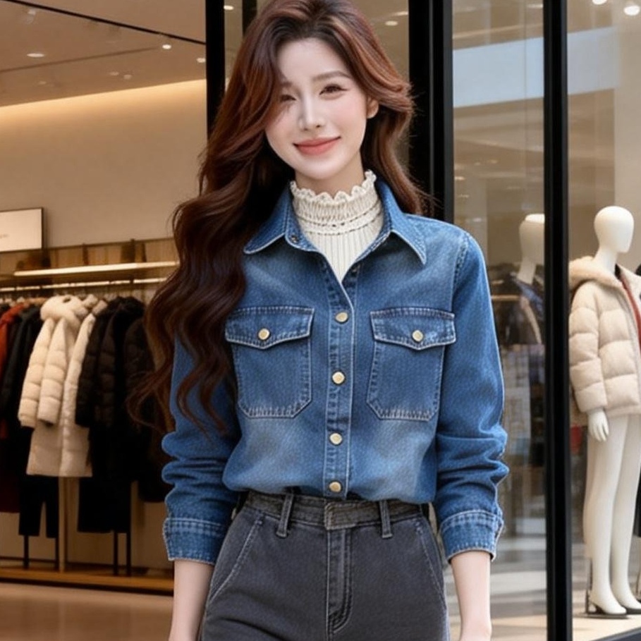 Women's Dark Blue Denim Shirt Jacket Retro American Style Layering