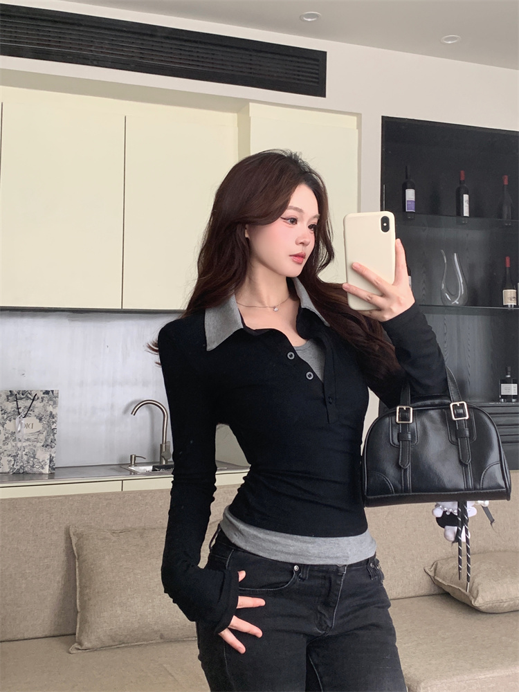 Women's Faux Two-Piece Polo T-Shirt Black Slim Fit Spring Top - Style 6e1b91