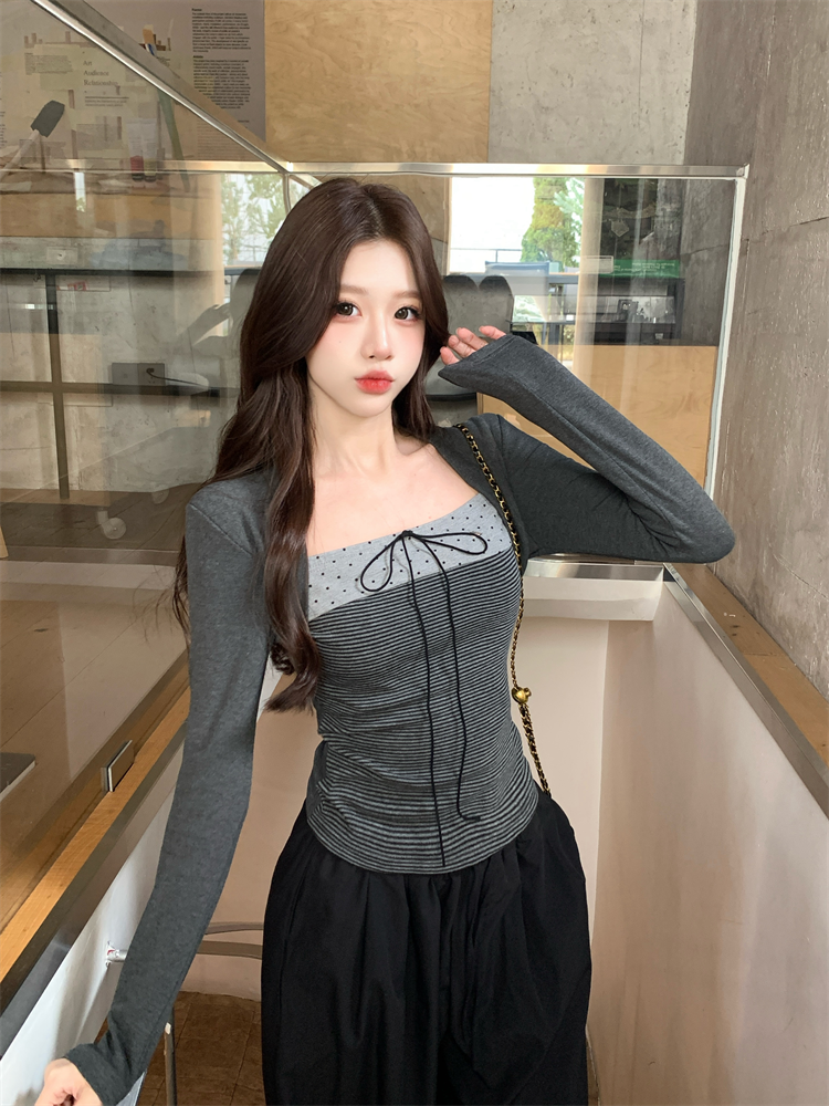 Women's Korean Style Color Block Bow Tie Polka Dot Layered Look T-Shirt