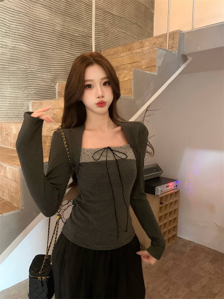 Women's Korean Style Color Block Bow Tie Polka Dot Layered Look T-Shirt - Image 3