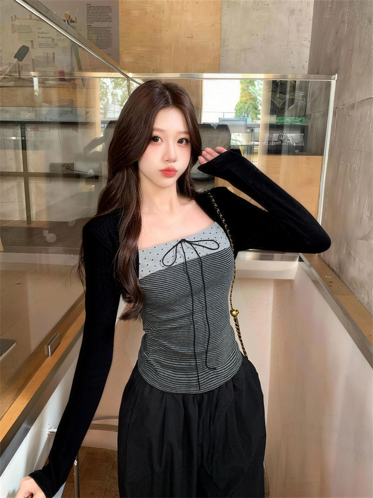 Women's Korean Style Color Block Bow Tie Polka Dot Layered Look T-Shirt - Image 4