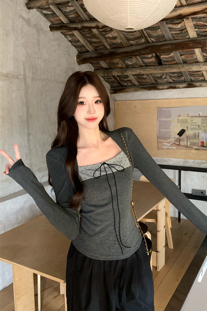 Women's Korean Style Color Block Bow Tie Polka Dot Layered Look T-Shirt - Image 5