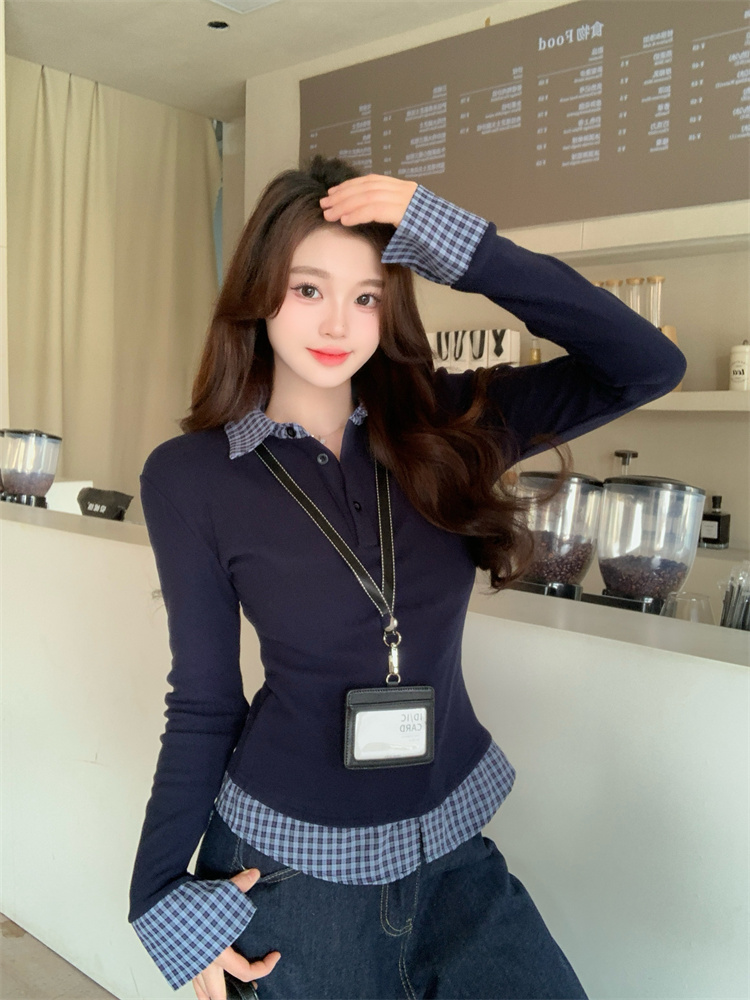 Women's Navy Polo Collar Faux Two-Piece Long Sleeve T-Shirt Spring Slim Fit Base Layer Top - Style 70325b